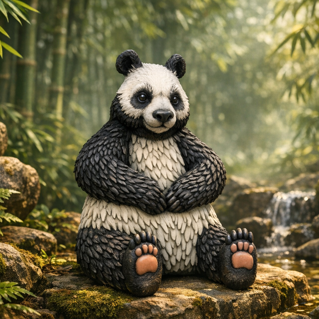 A panda sitting on a mossy rock in a bamboo forest setting with a small waterfall in the background.