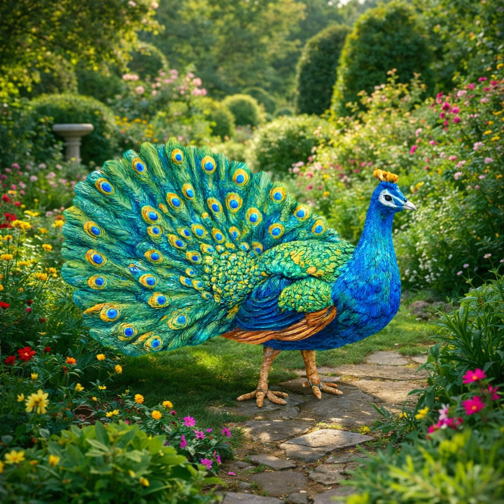 A highly detailed, vibrant peacock standing on a stone garden path, surrounded by lush green hedges, colorful flowers, and manicured trees.