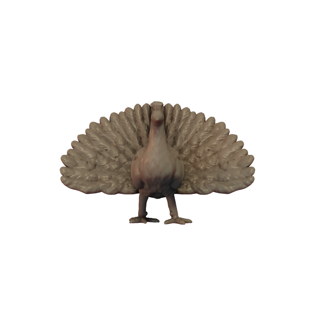 3D printed miniature of a male peacock with feathers spread open, intended for use as a wargaming model.
