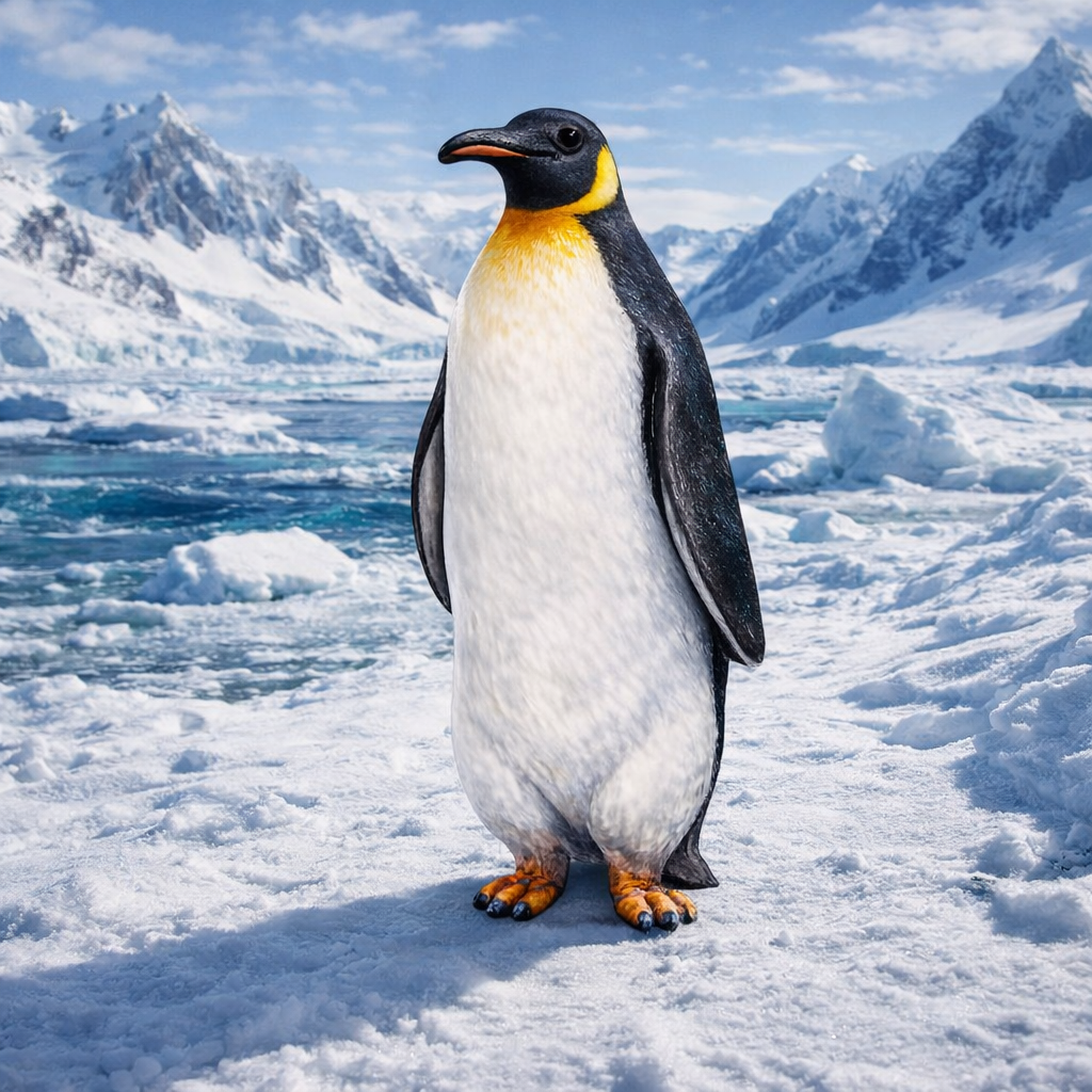 A king penguin standing on snowy Antarctic ice with mountains and blue water in the background.