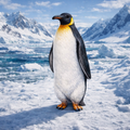 A king penguin standing on snowy Antarctic ice with mountains and blue water in the background.