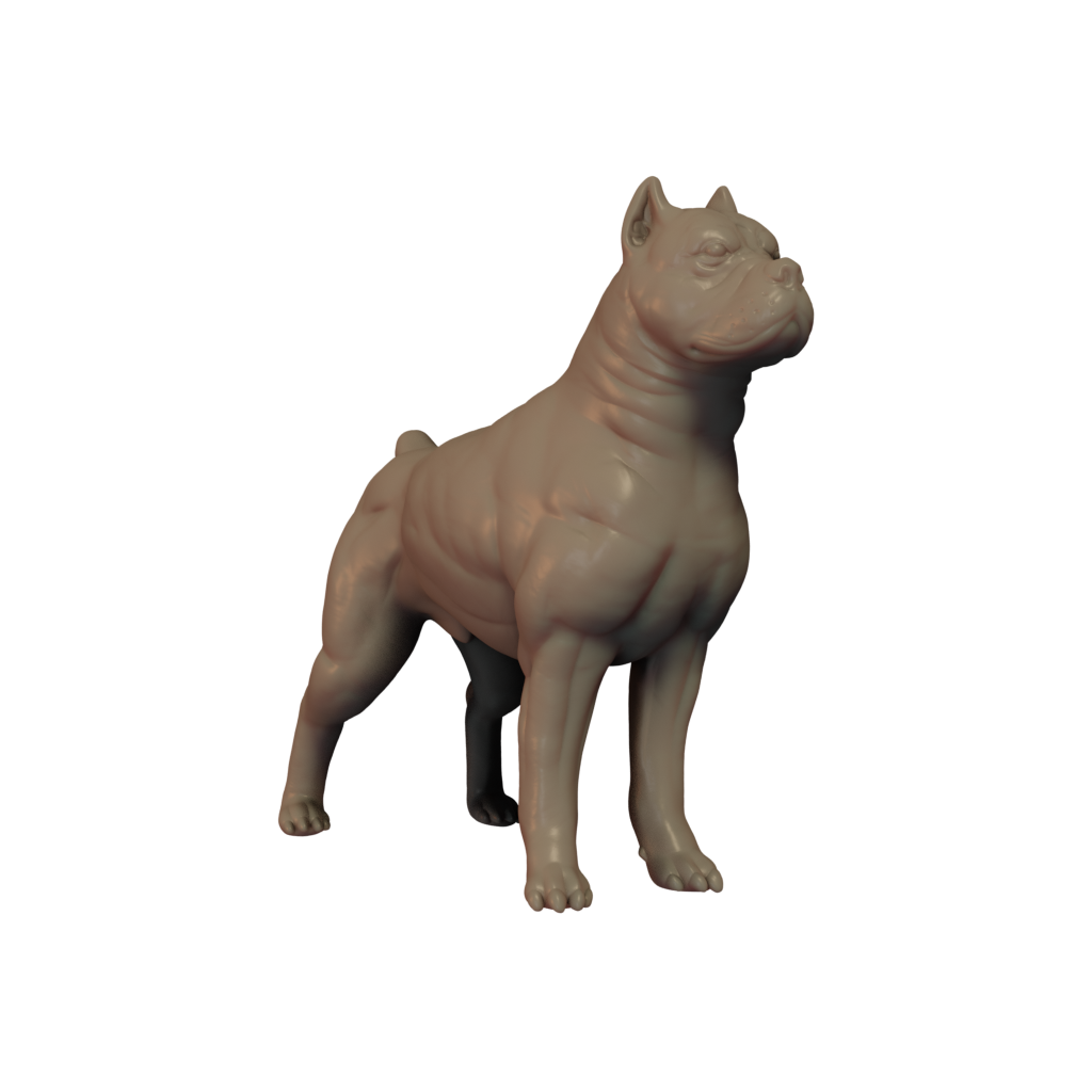 A 3D printed miniature of a Pitbull dog, standing upright on a plain background.