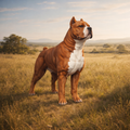 A muscular brown and white Pitbull dog standing in a grassy field during golden hour, with hills and trees in the background.