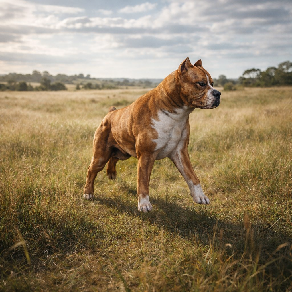 A muscular short-haired Pitbull dog with a fawn and white coat stands in a grassy field under a cloudy sky.