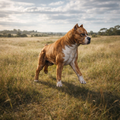 A muscular short-haired Pitbull dog with a fawn and white coat stands in a grassy field under a cloudy sky.