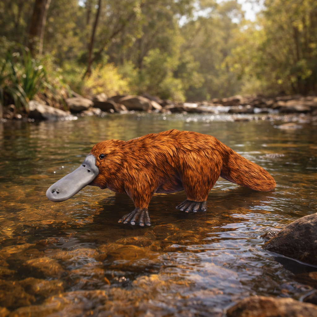 A wet platypus wades through shallow water in a forest stream, with trees and rocks in the background.