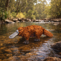 A wet platypus wades through shallow water in a forest stream, with trees and rocks in the background.
