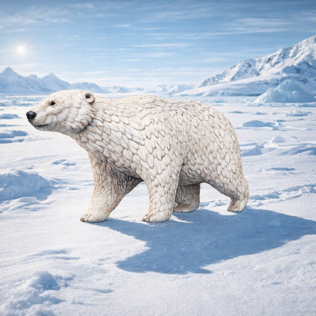 A polar bear standing on snow-covered ground with icy mountains and a blue sky in the background.