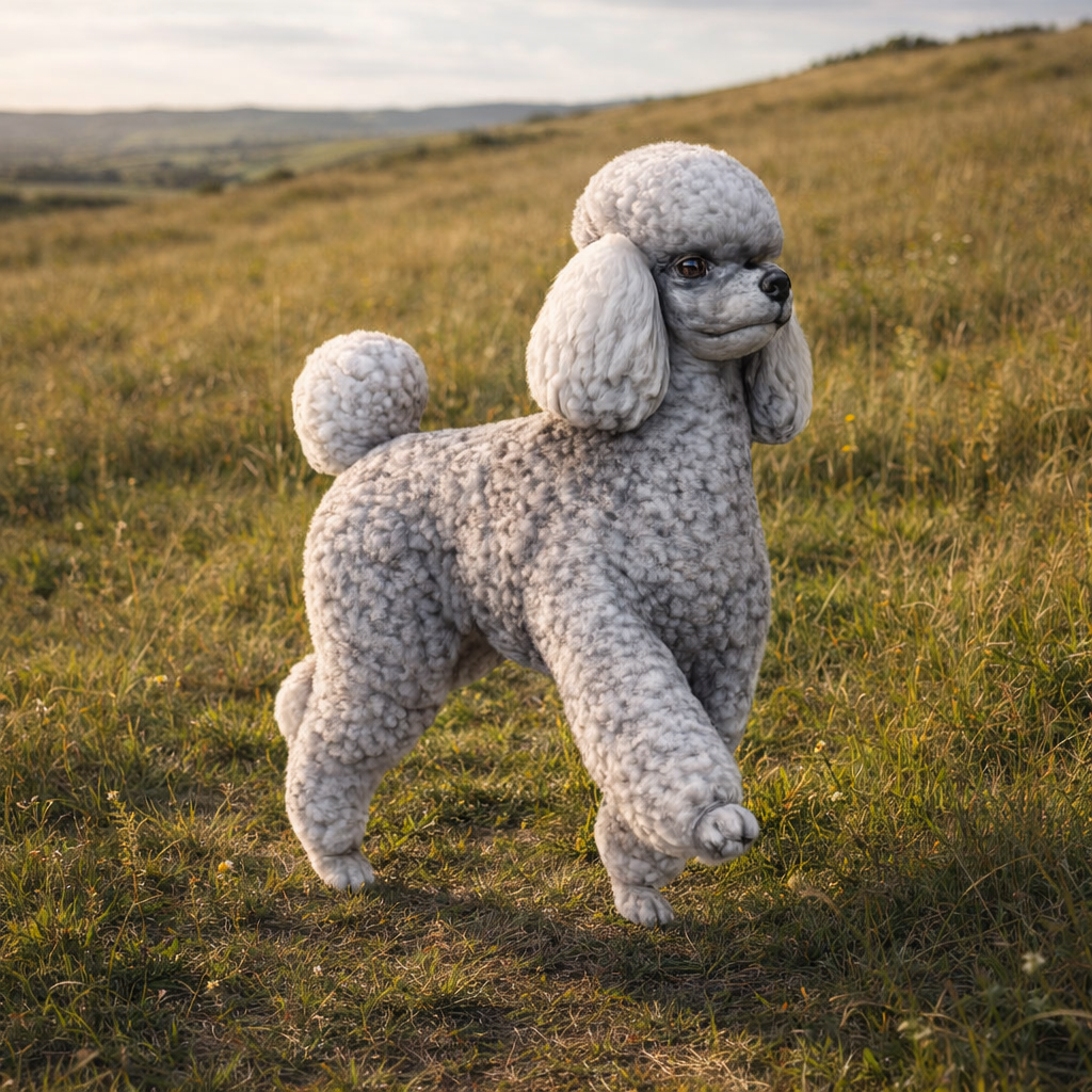 A fluffy light gray poodle standing in a grassy field at golden hour, with rolling hills in the background.