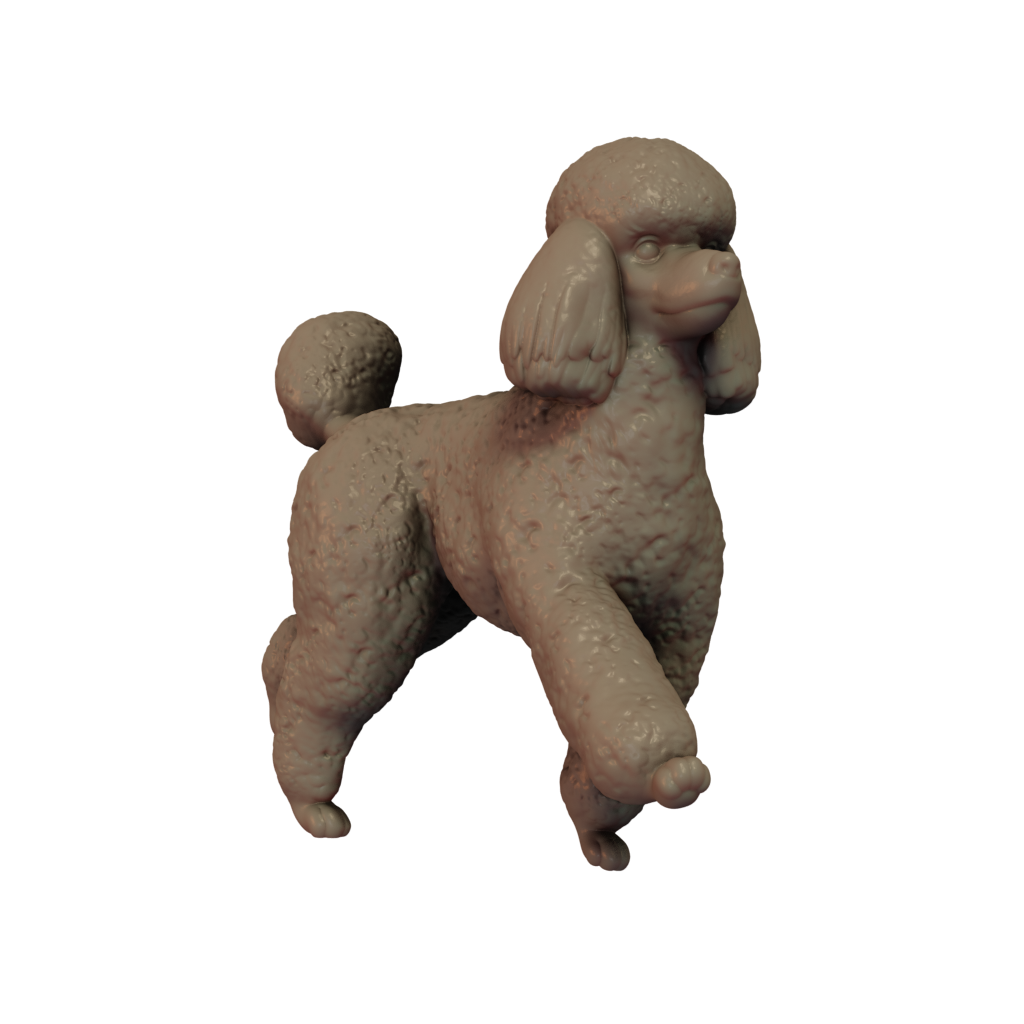 3D printed miniature resin model of a Poodle dog, unpainted and without a base.