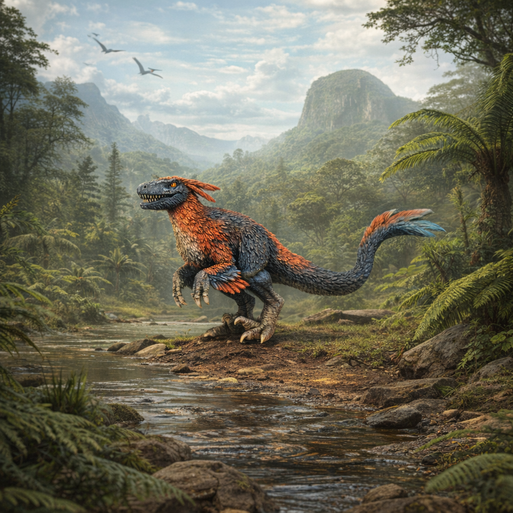 A Pyroraptor dinosaur standing in a prehistoric river with mountains and ferns in the background.