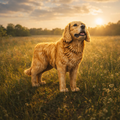 A golden retriever stands in a grassy field at sunset, looking upward with its mouth open. The warm sunlight illuminates the dog's golden fur and the surrounding meadow, with trees and a cloudy sky in the background.