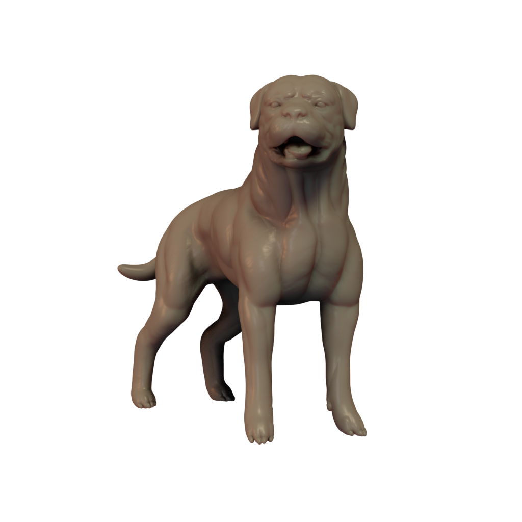 3D printed miniature resin model of a Rottweiler dog Standing, unpainted and without a base.