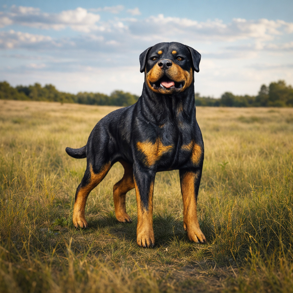 A Rottweiler dog standing in a grassy field under a cloudy blue sky.