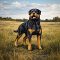 A Rottweiler dog standing in a grassy field under a cloudy blue sky.