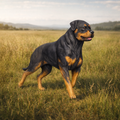 A Rottweiler dog standing in a grassy field with hills and a cloudy sky in the background.