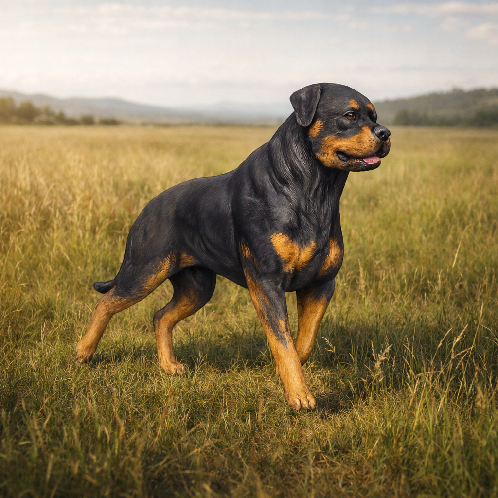 A Rottweiler dog standing in a grassy field with hills and a cloudy sky in the background.