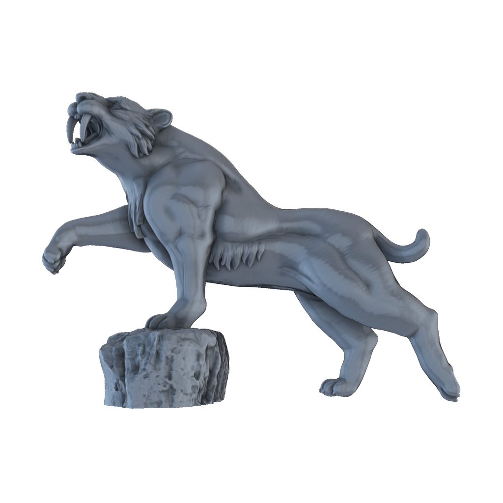 3D printed Sabretooth Tiger on rock side view