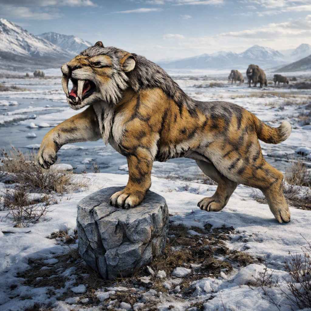 Sabretooth Tiger with paw on rock in a Tundra enviroment with Mammoths and mountains in the background