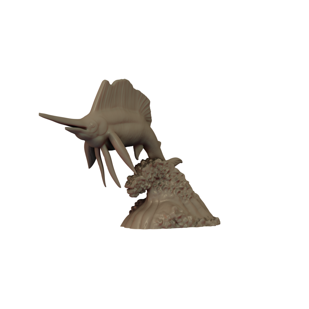 3D printed miniature resin model of a sailfish and wave, unpainted and without a base.