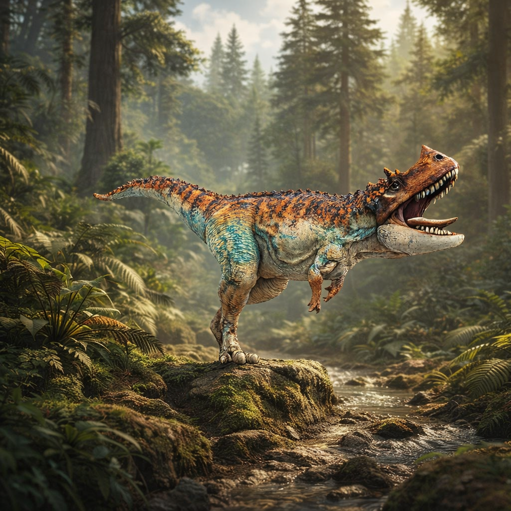 Saltriovenator Dinosaur standing on a rock in a forest with trees and water in the background