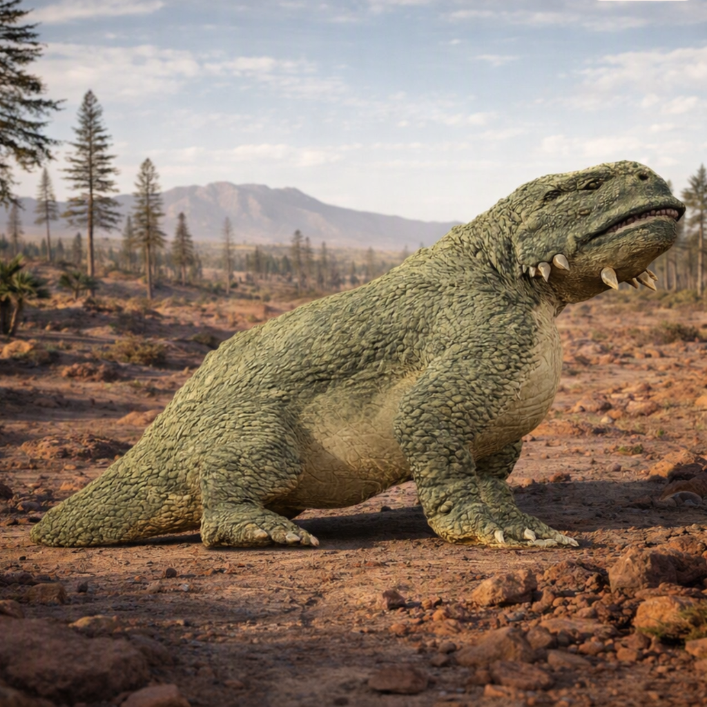 A Scutosaurus reptile with scaly green-gray skin and small teeth stands on reddish-brown rocky ground in a Permian landscape with trees and mountains in the background.