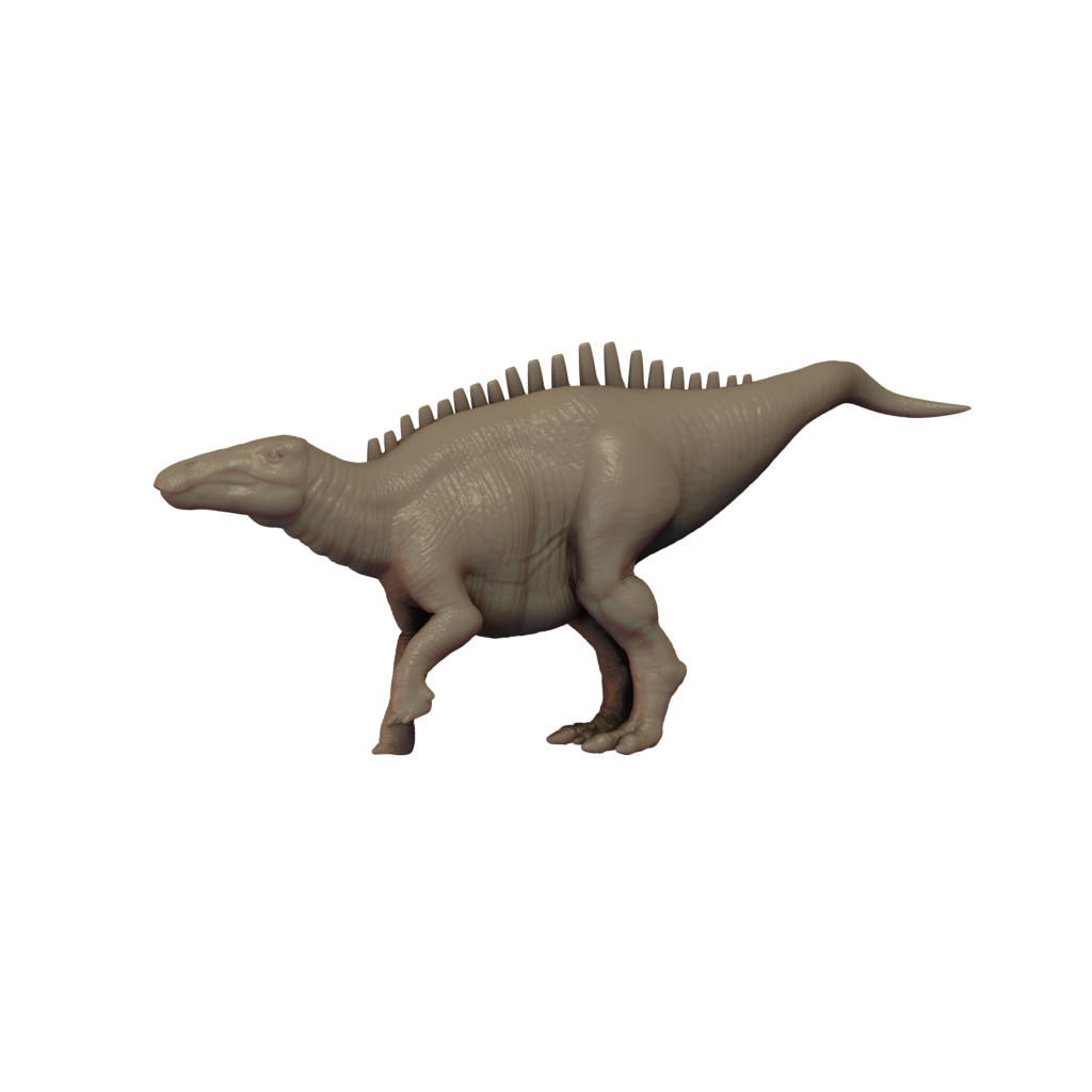 A 3D printed miniature model of a Shantungosaurus dinosaur, unpainted, without a base.