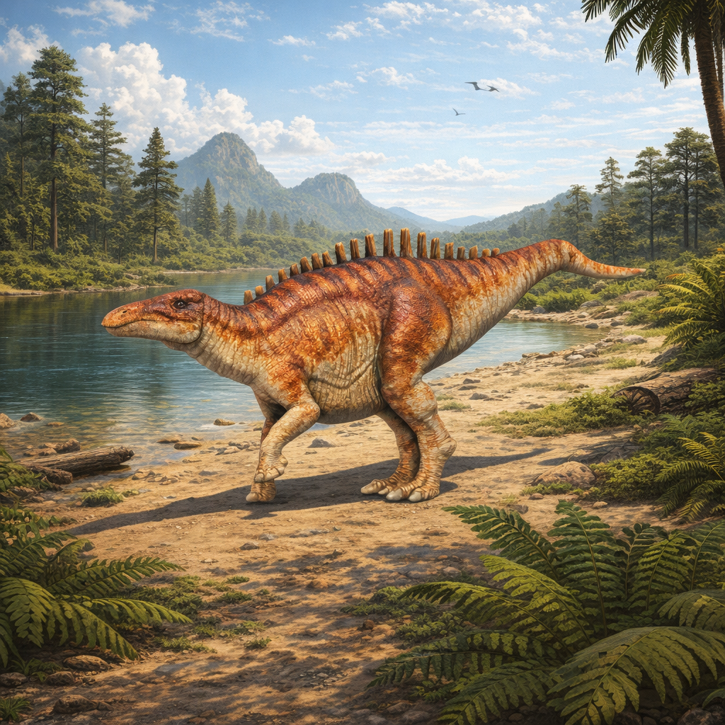 Prehistoric scene with a Shantungosaurus  dinosaur near a lake and mountains