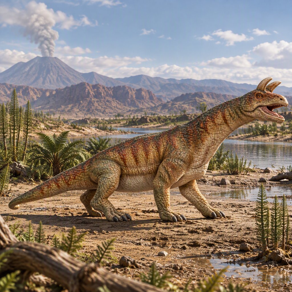 A large prehistoric Shringasaurus dinosaur with horns on its head walks along a muddy riverbank near water, with palm-like plants, rocky mountains, and a smoking volcano in the background under a blue sky.