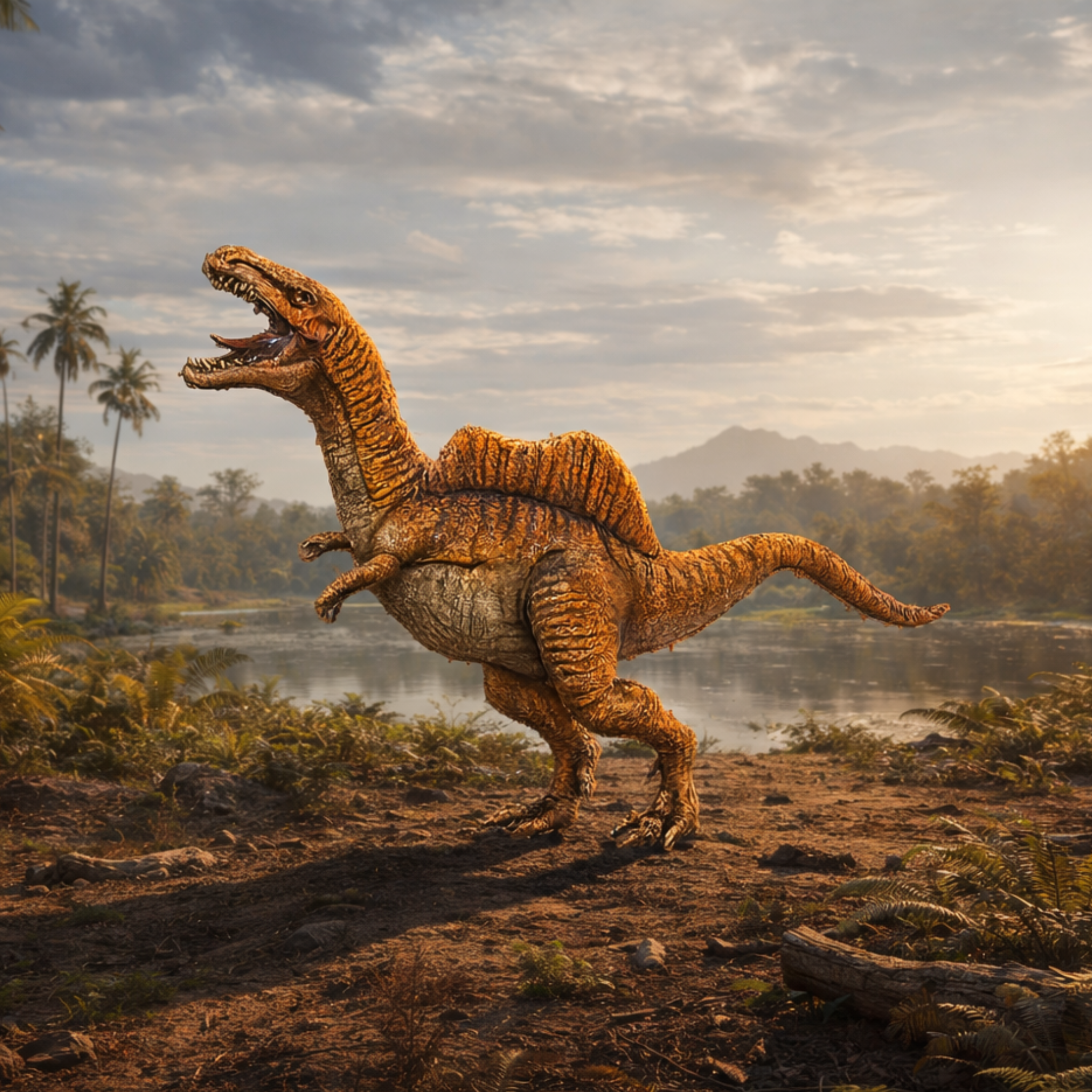 Sigilmassasaurus Dinosaur standing on a prehistoric landscape with trees and water in the background