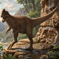 Sinotryrannus Dinosaur standing on a rocky outcrop with a natural landscape in the background