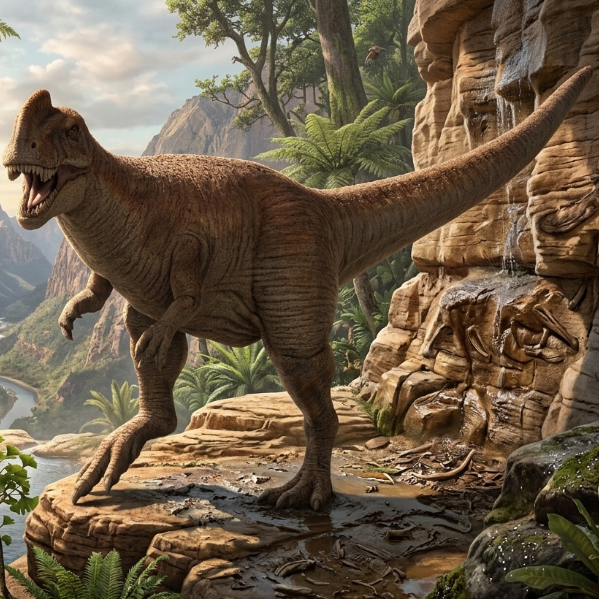 Sinotryrannus Dinosaur standing on a rocky outcrop with a natural landscape in the background