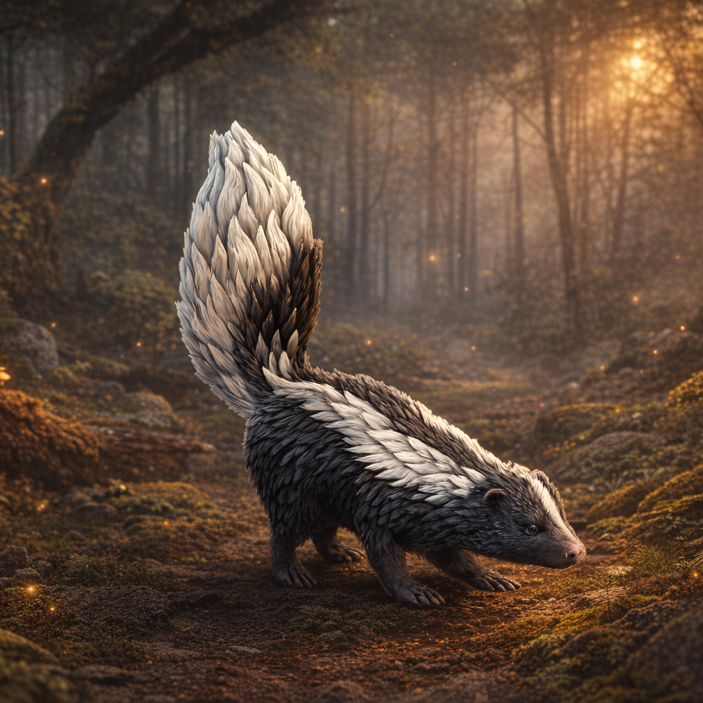 Skunk standing in a forest with warm lighting