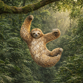 Sloth falling from a branch in a lush green forest
