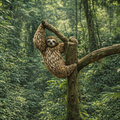 Sloth hanging from a tree branch in a lush green forest