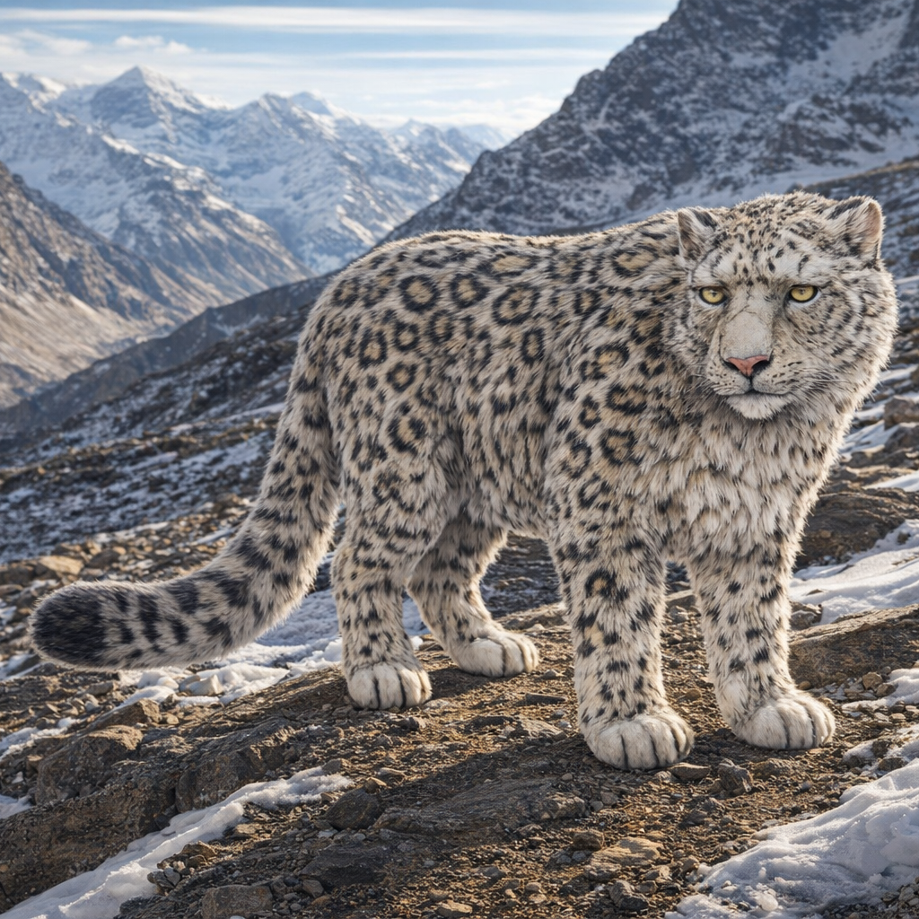 Snow leopard standing on a rocky mountain with snow-capped peaks in the background
