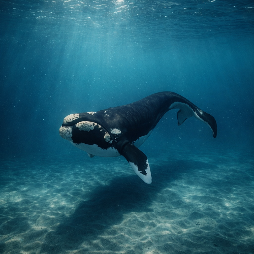 An underwater photograph of a black and white Southern right whale swimming in clear blue ocean water with sunlight filtering down from the surface and sandy seabed visible below.