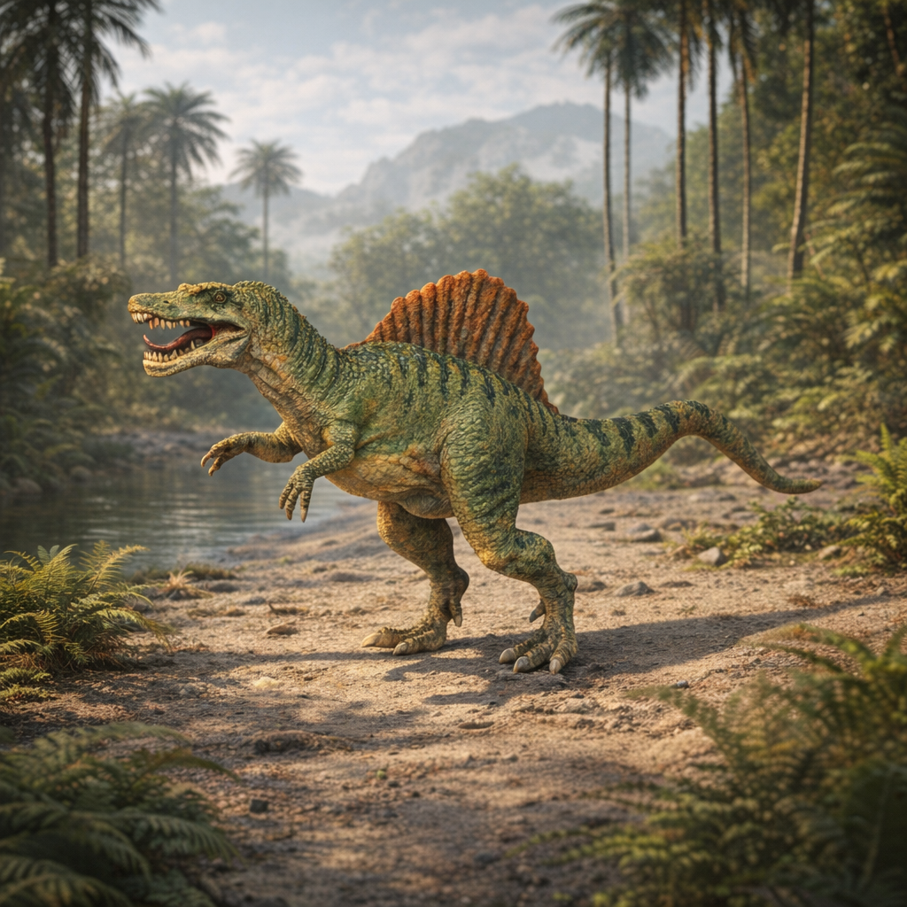 Spinosaurus Dinosaur in a prehistoric landscape with palm trees and mountains.