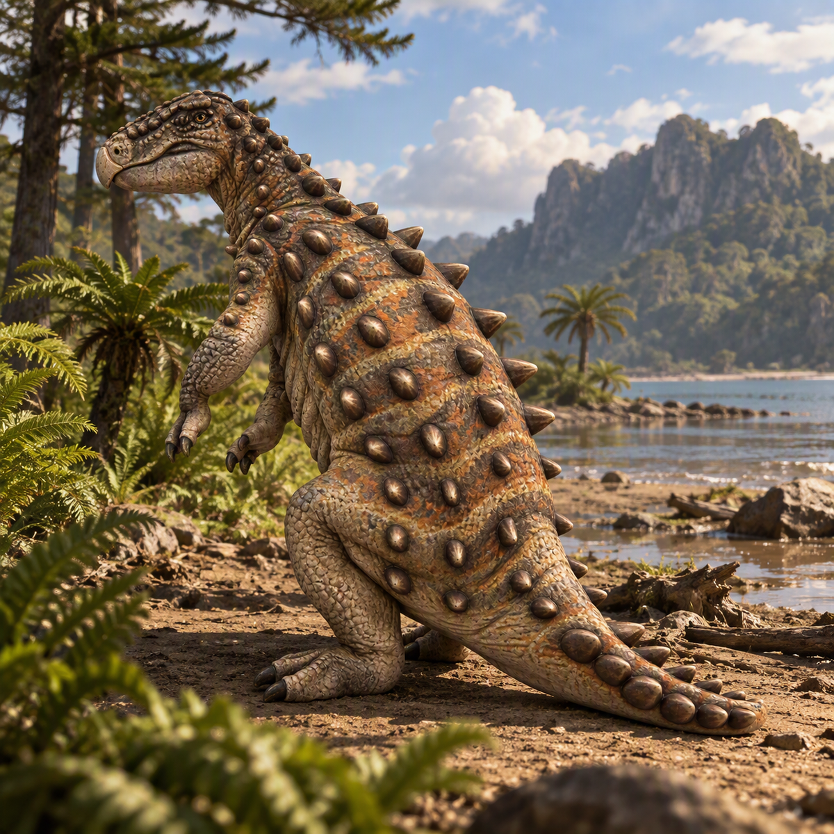 A prehistoric armored Stegouros dinosaur stands on a sandy shoreline with ferns, water, and rocky mountains in the background.