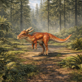 A Stygimoloch prehistoric horned dinosaur standing on a forest path surrounded by ferns and tall trees.