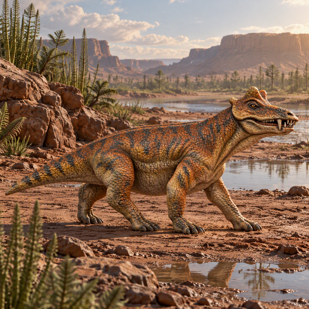 A Styracocephalus reptile walking along a rocky riverbank with water, sand, rocks, and distant desert mountains under a cloudy sky.