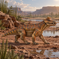 A Styracocephalus reptile walking along a rocky riverbank with water, sand, rocks, and distant desert mountains under a cloudy sky.