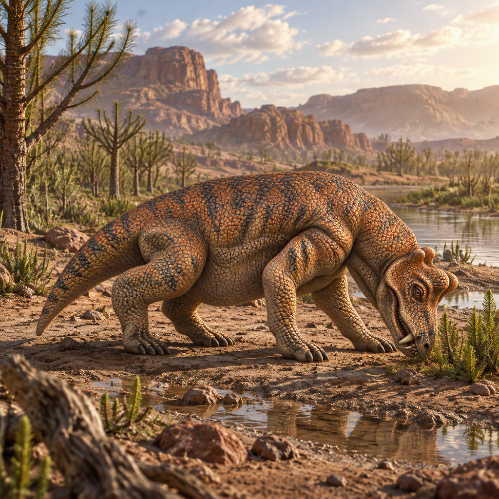 A Styracocephalus with textured brown and tan scales stands at the edge of a muddy waterway, with rocky desert mountains, trees, and sparse vegetation in the background.