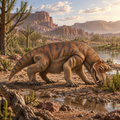 A Styracocephalus with textured brown and tan scales stands at the edge of a muddy waterway, with rocky desert mountains, trees, and sparse vegetation in the background.