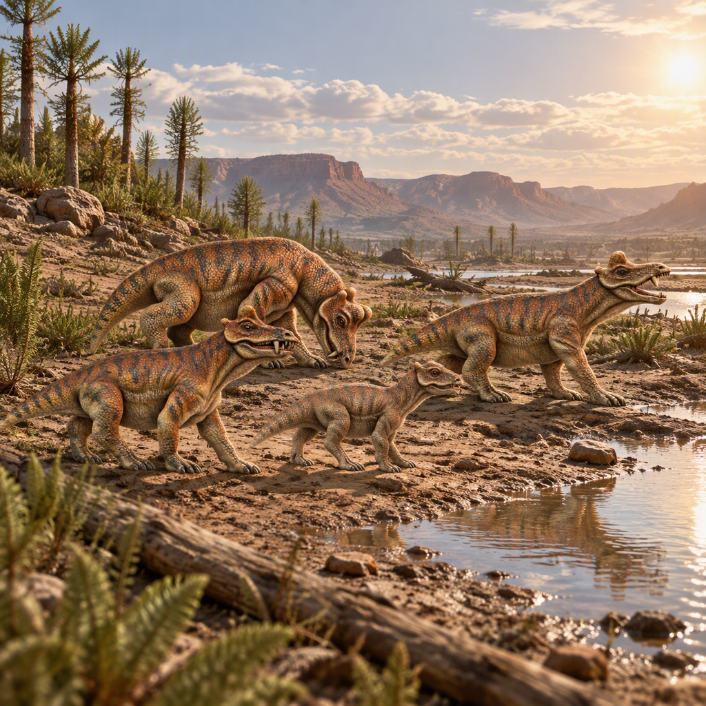 A Styracocephalus herd of striped theropod reptiles walking along a muddy riverbank at sunset, with mountains, palm trees, and water in the background.