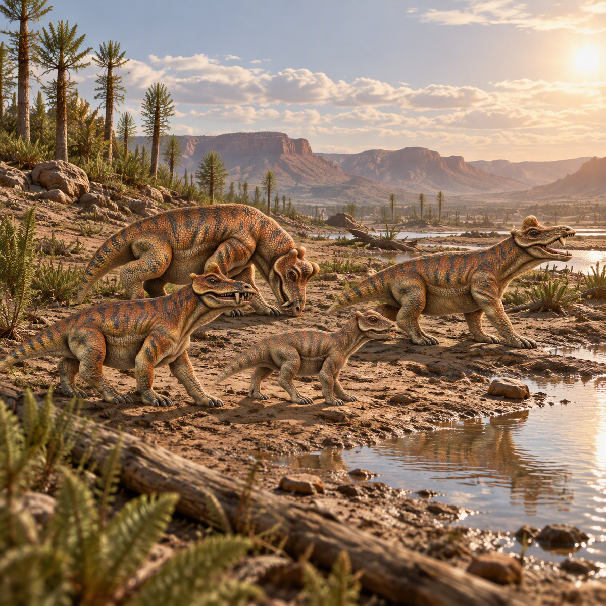 A Styracocephalus herd of striped theropod reptiles walking along a muddy riverbank at sunset, with mountains, palm trees, and water in the background.