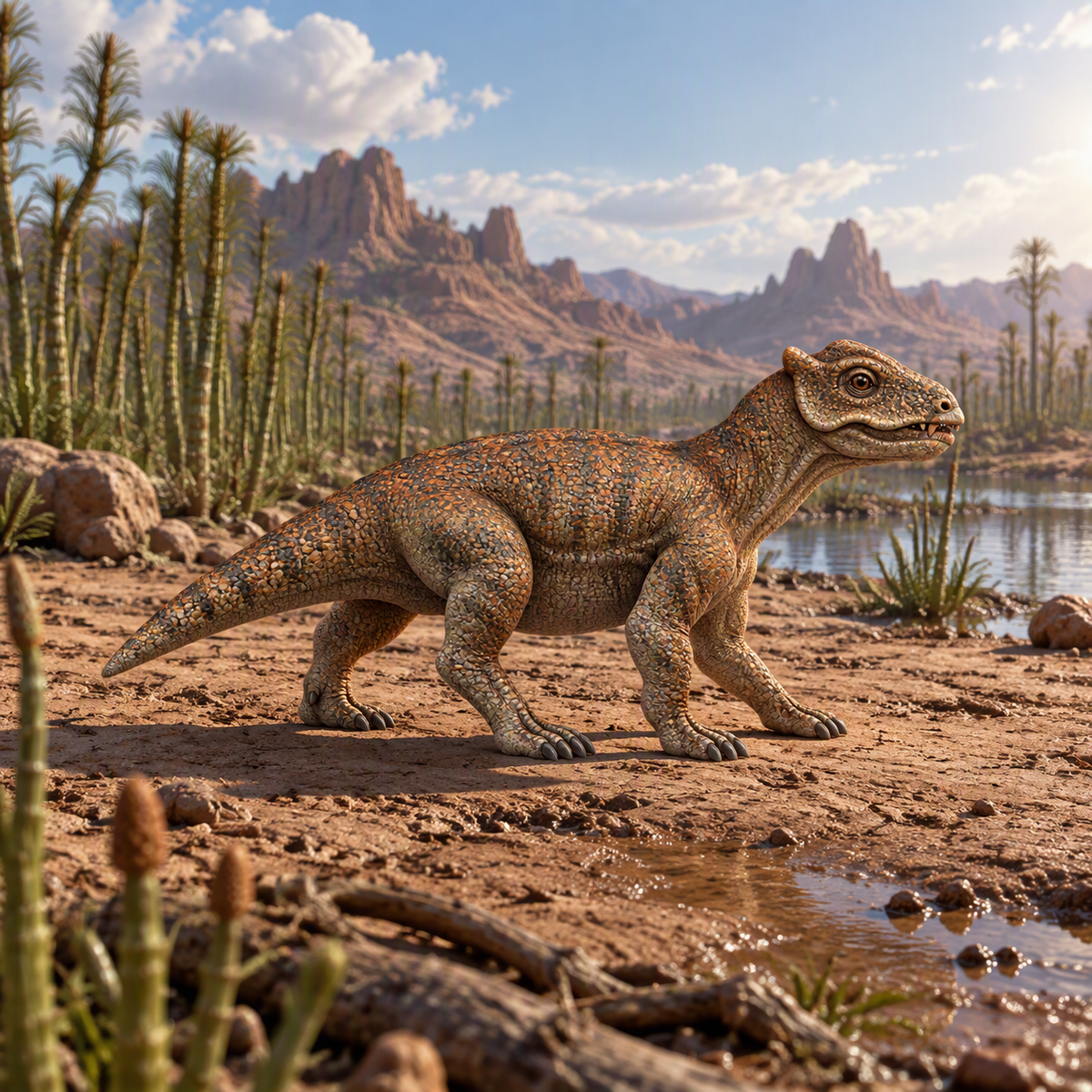 A Styracocephalus juvenile reptile stands on sandy ground beside a small body of water, with cacti, rocky mountains, and a blue sky in the background.
