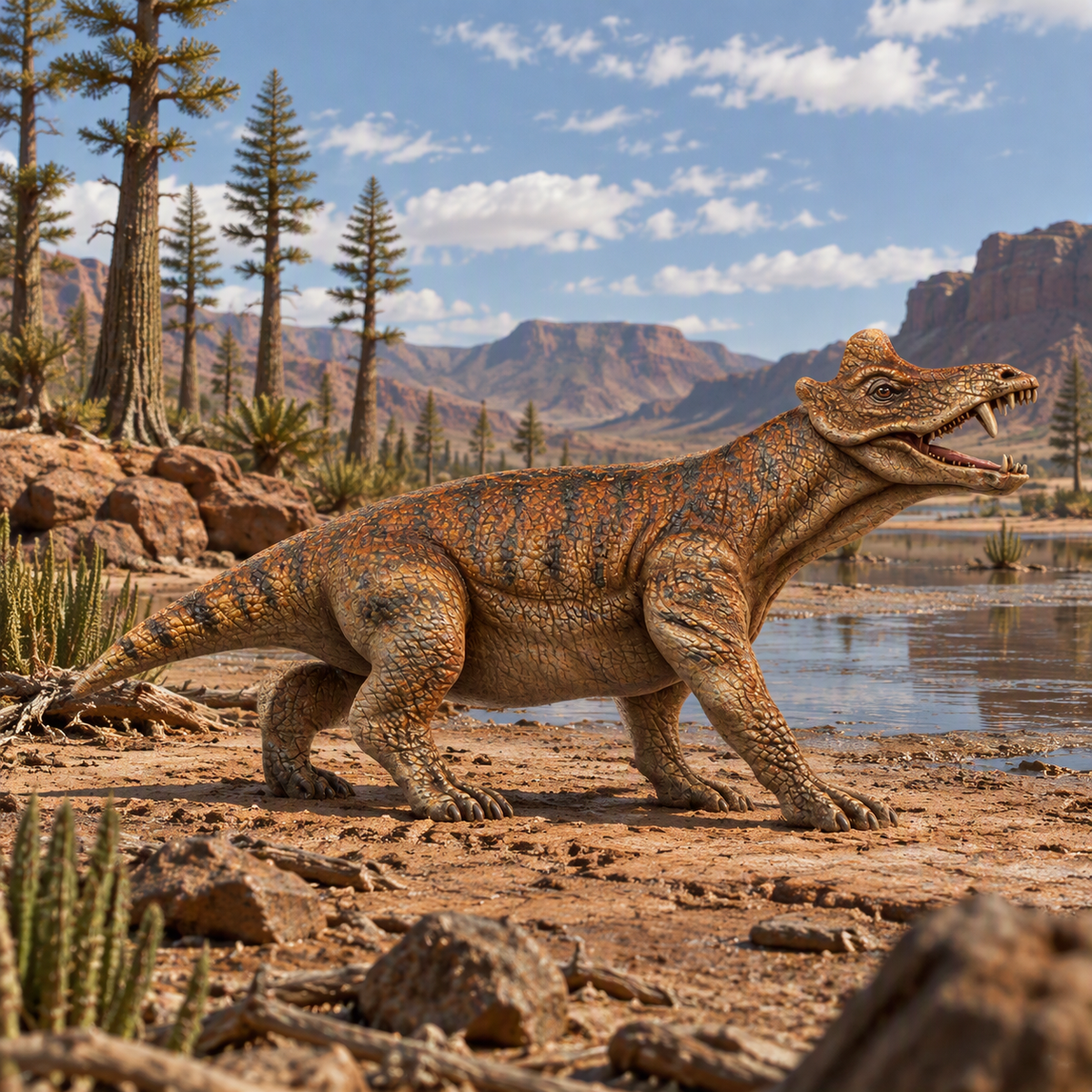 A large prehistoric theropod Styracocephalus with an open mouth and visible teeth stands on a rocky, sandy shore beside shallow water, with trees, mountains, and a blue sky in the background.