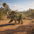 A Styracosaurus dinosaur walking along a prehistoric dirt path surrounded by palm trees and green vegetation under a blue sky.