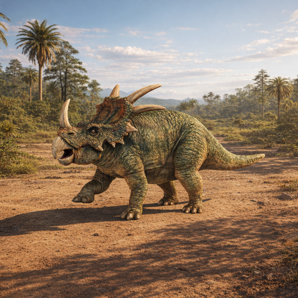 A Styracosaurus dinosaur walking along a prehistoric dirt path surrounded by palm trees and green vegetation under a blue sky.